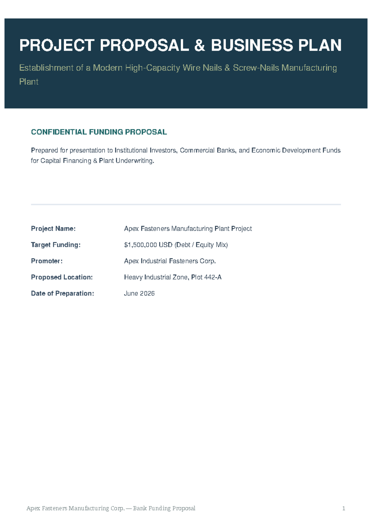 Apex Fasteners Manufacturing Plant Proposal: Business Plan & Funding ...