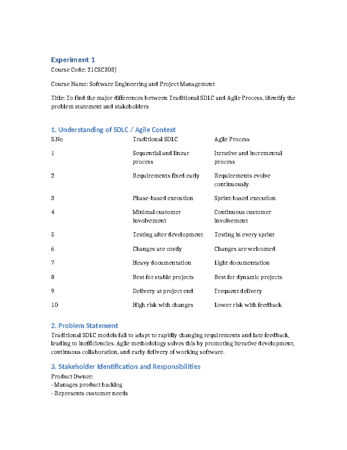 Experiment 1: SDLC vs Agile - Key Differences & Stakeholders (21CSC303J ...