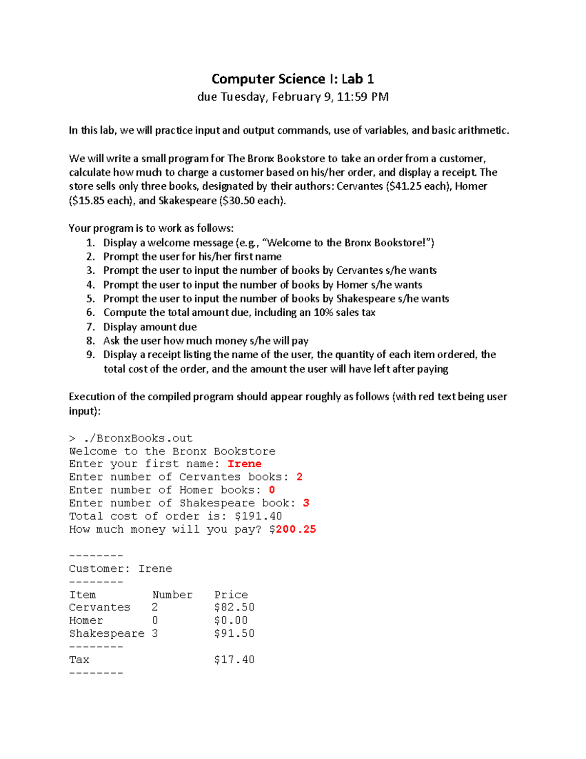 Lab 1 - project - Computer Science I: Lab 1 due Tuesday, February 9, 11 ...