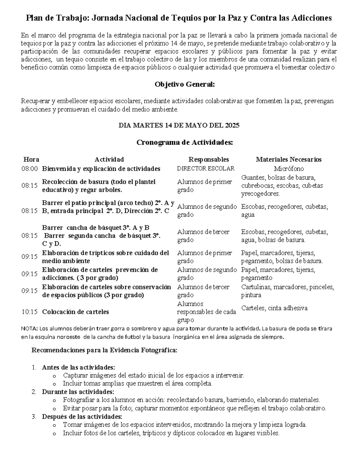 Plan de Trabajo: Jornada Nacional de Tequios por la Paz 2025 - Studocu
