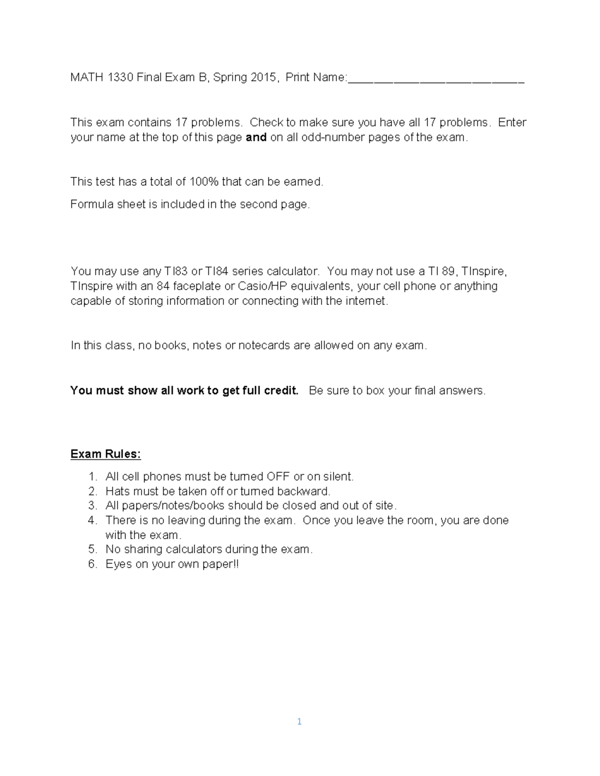 MATH 1330 Spring 2015 - Business Math 1 Final Exam Study Guide - Studocu