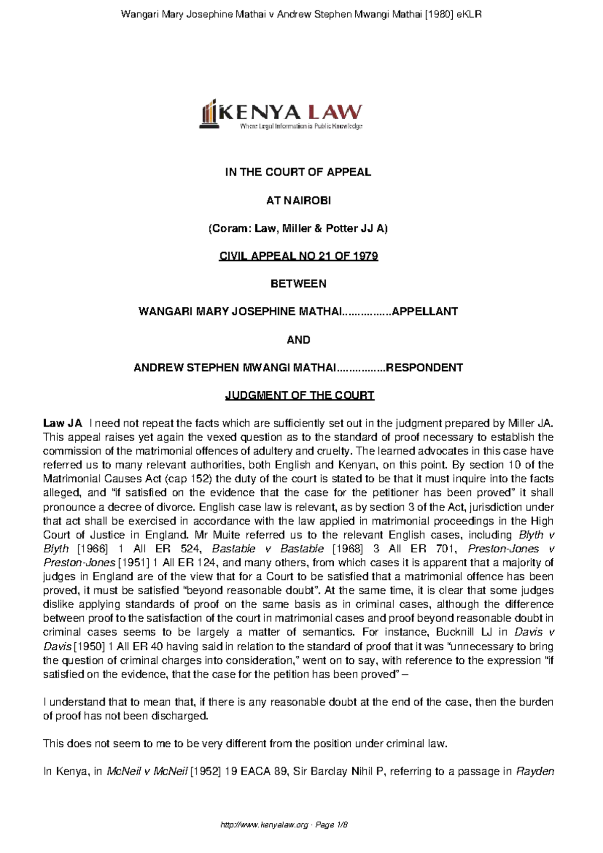 Mathai v Mathai - Civil Appeal No. 21 of 1979: Judgment Analysis - Studocu