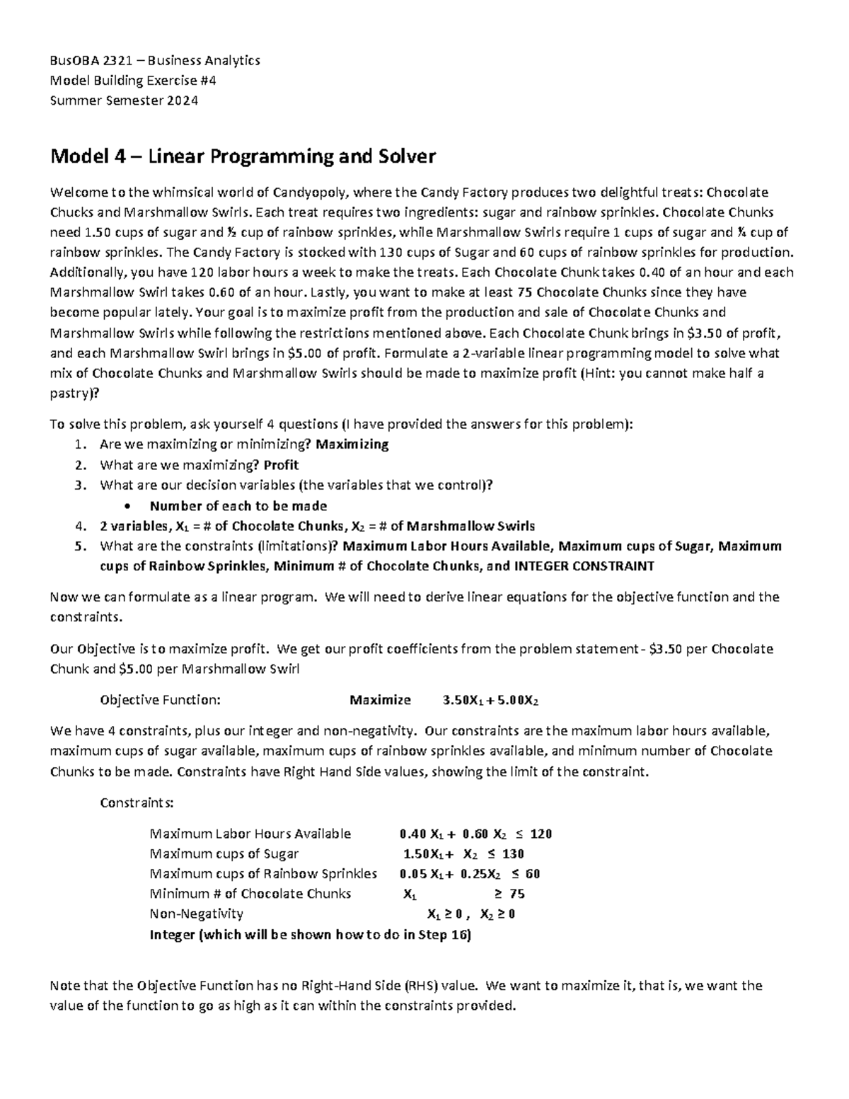Bus OBA 2321 MBE 4 Su24 - Linear Programming Model in Excel - Studocu