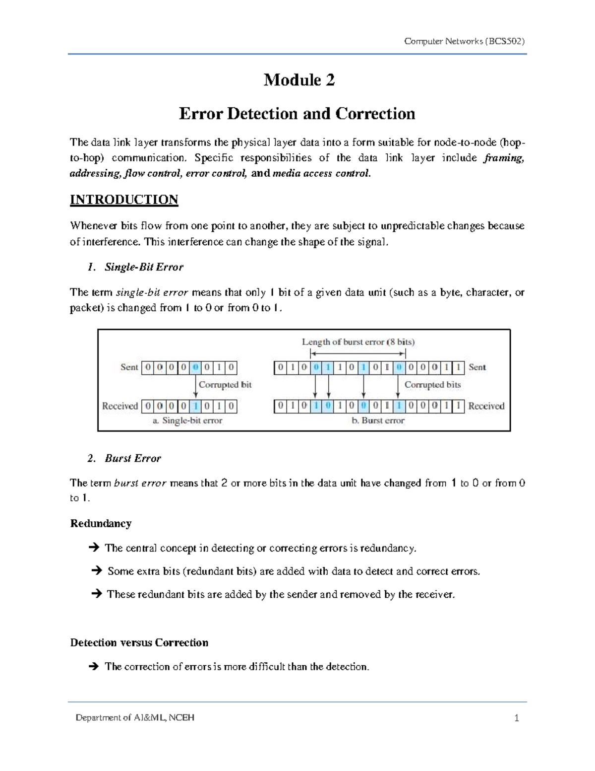 Computer Networks (BCS502) Module 2: Error Detection & Correction - Studocu