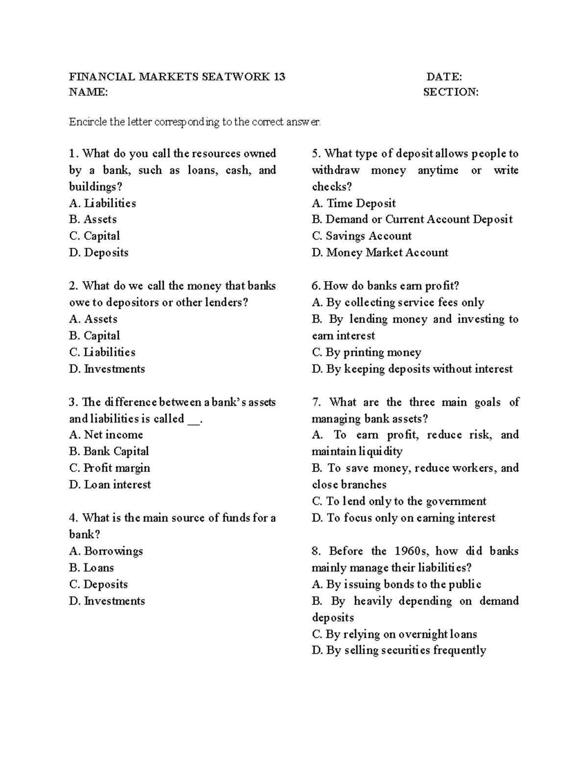 FIN 101: Financial Markets Seatwork 13 - Quiz Questions and Answers ...