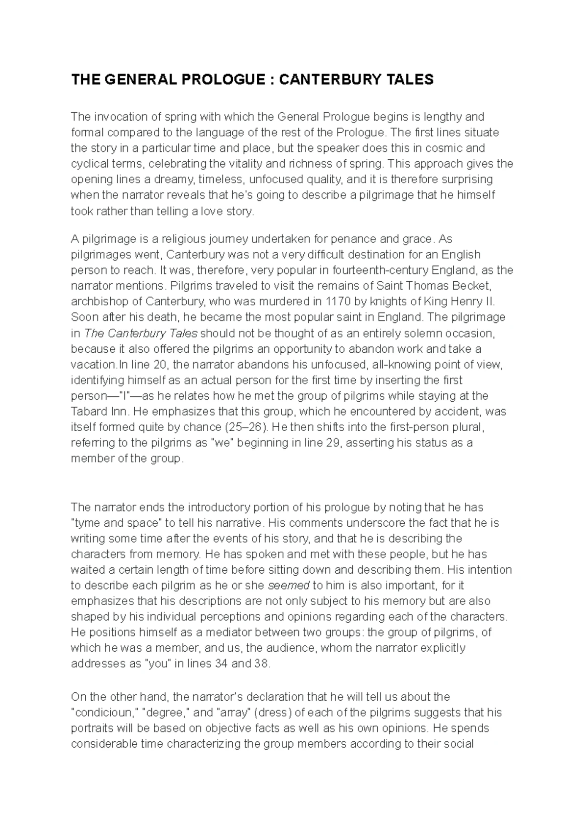 British Literature I: Summary of The Canterbury Tales Prologue - Studocu