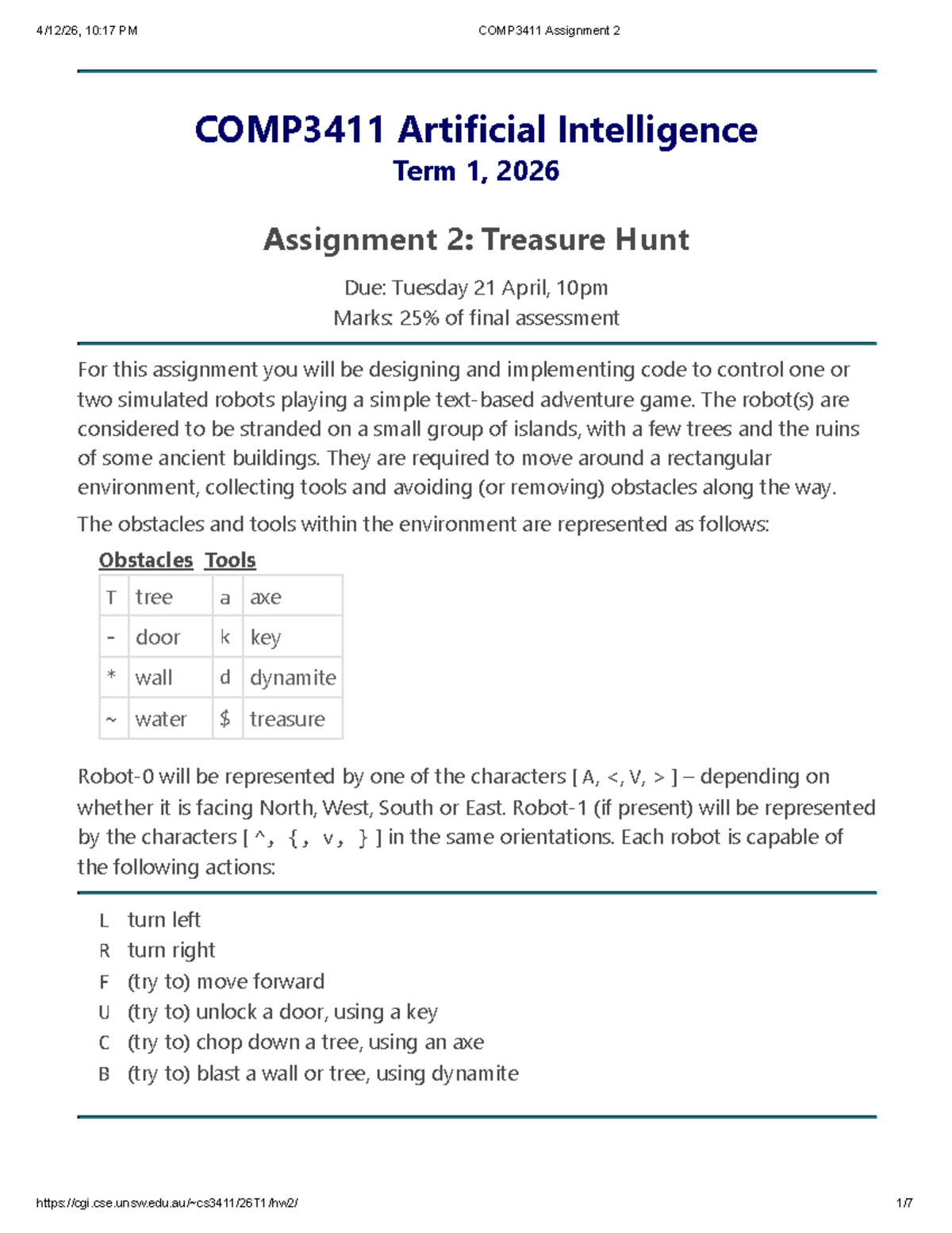 COMP3411 Assignment 2: AI Treasure Hunt Implementation Guide - Studocu