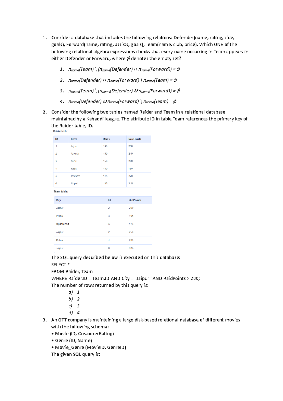 Database mngmt system - Practice questions for comprehensive coursework ...