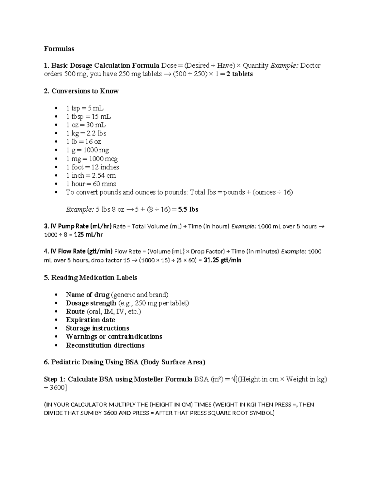 Formulas Cheat Sheet for Basic Dosage Calculations (NUR 101) - Studocu