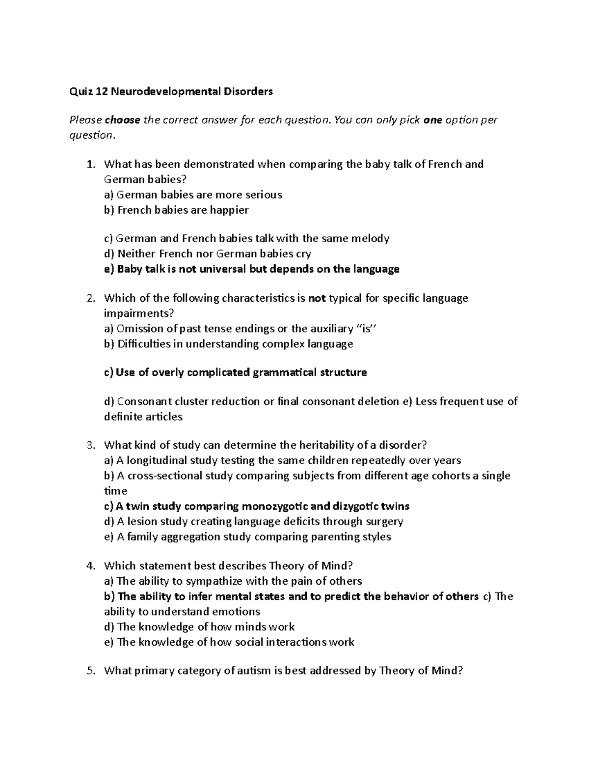 Quiz 12: Neurodevelopmental Disorders and Key Concepts - Studocu
