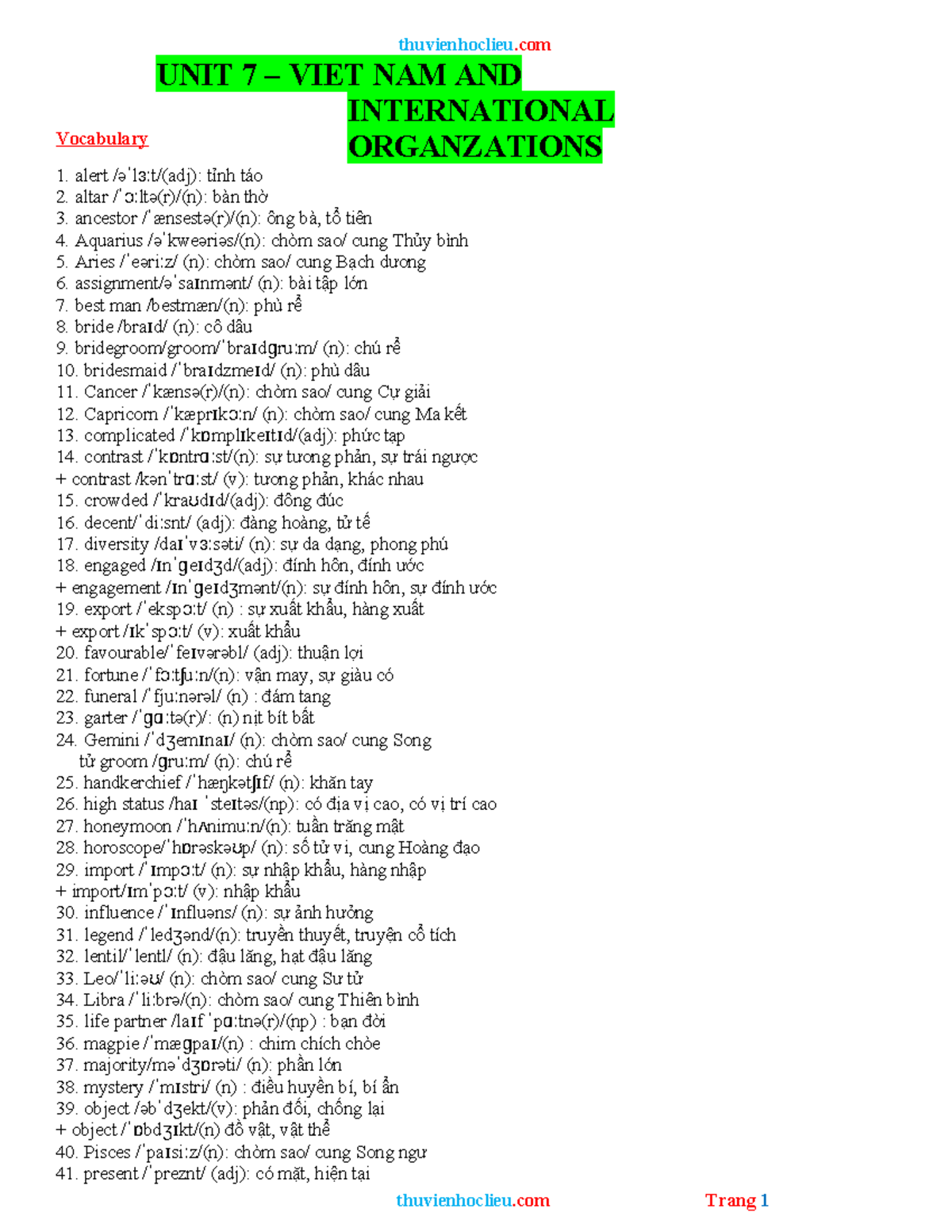 Thuvienhoclieu.com - Unit 7: Vietnam and International Organizations ...