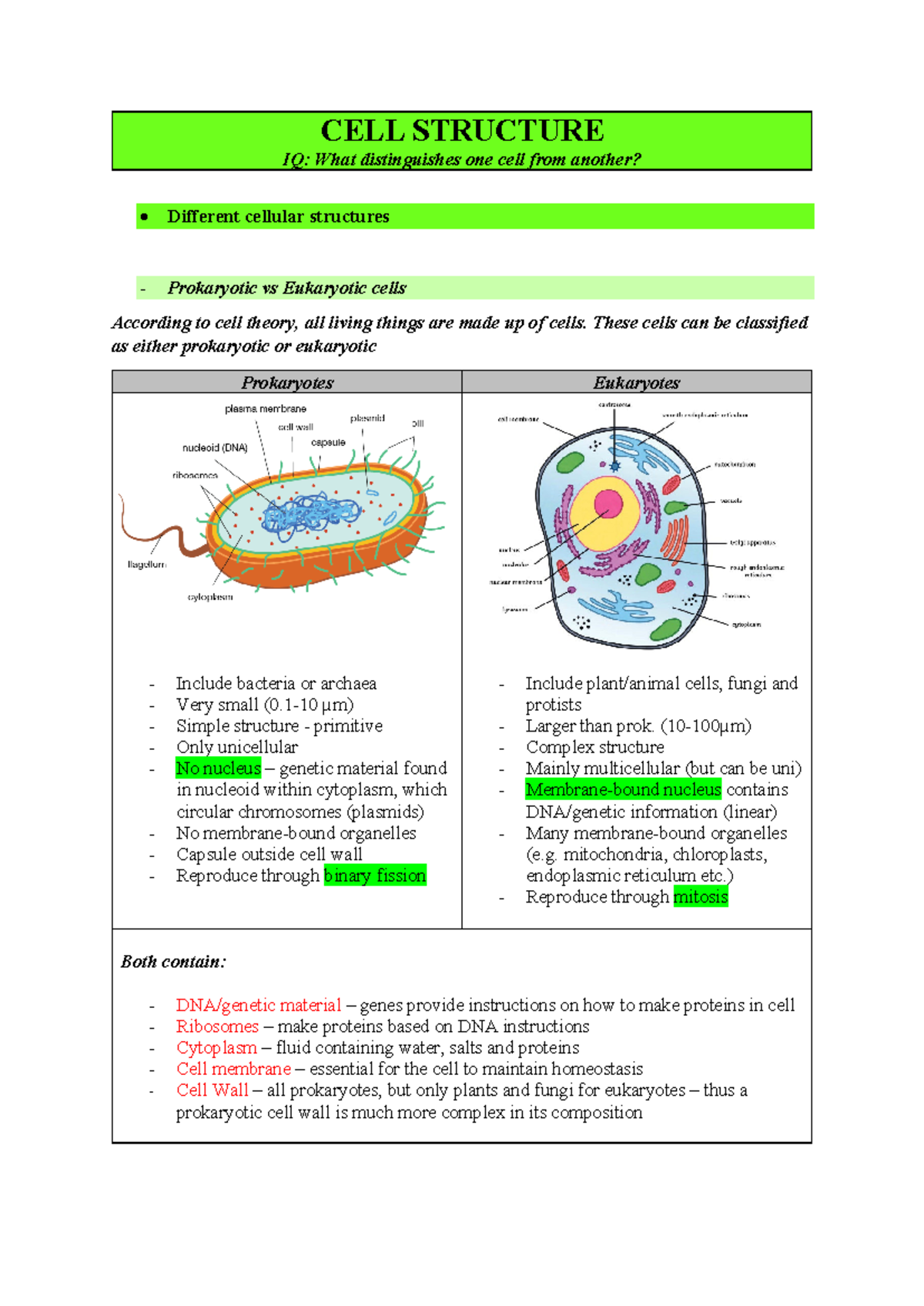 BIO101 Module 1 Complete Notes: Cell Structure & Function - Studocu