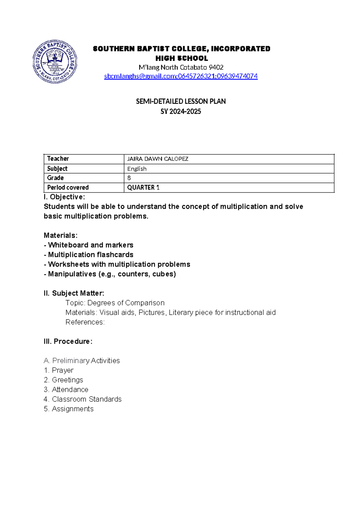 Lesson plan for Pred - SOUTHERN BAPTIST COLLEGE, INCORPORATED HIGH ...