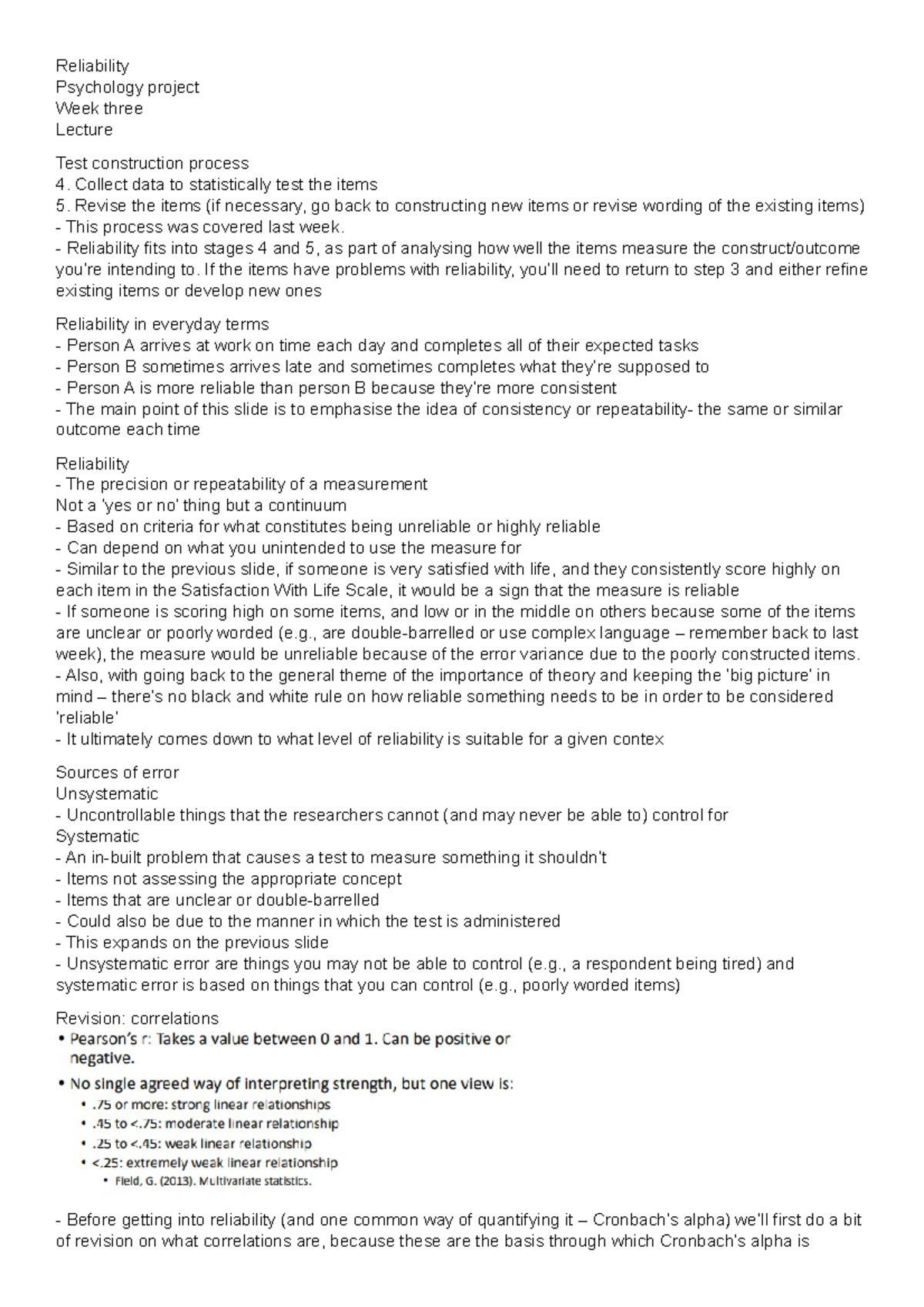 Reliability- Week three- Lecture- Psychology project - Reliability ...