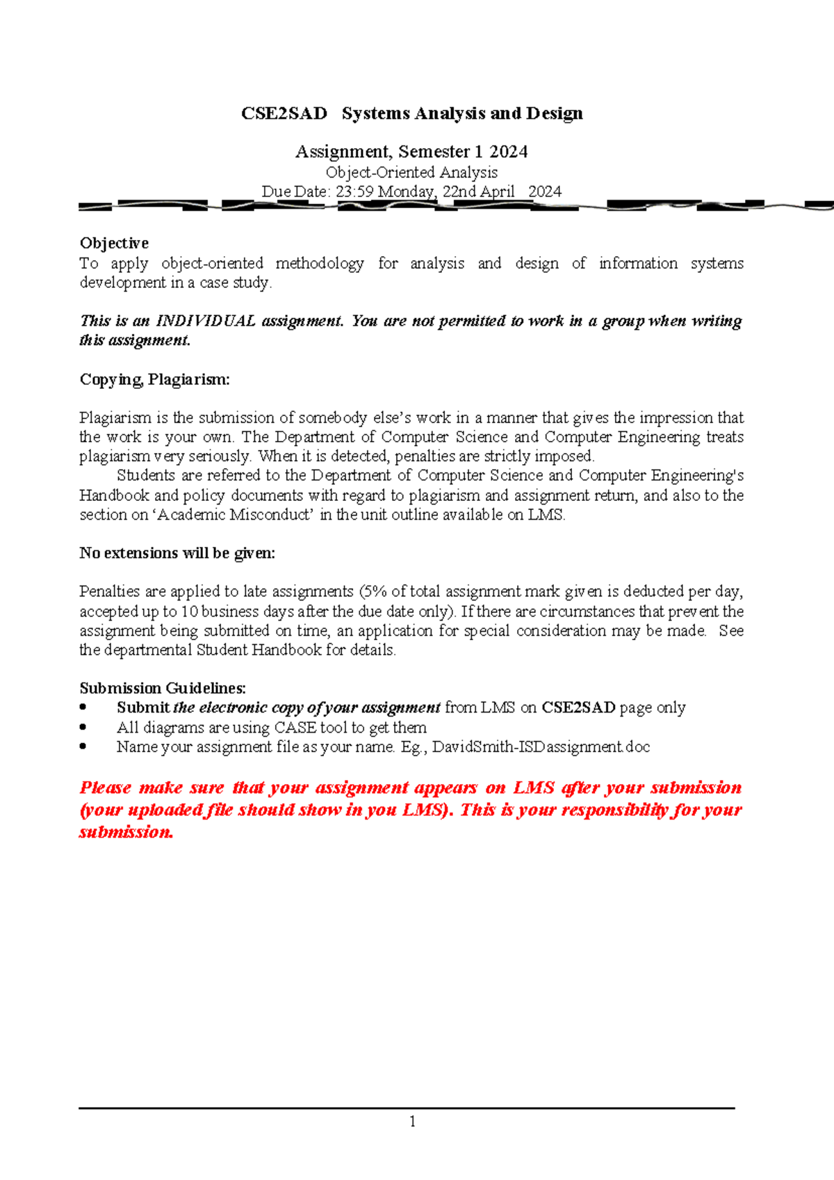 2024-SAD-Assignment Statement-part A - CSE2SAD Systems Analysis and ...