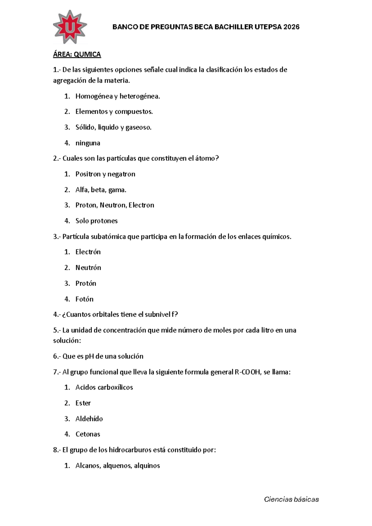Banco de Preguntas Beca Bachiller UTEPSA 2026: Química y Matemáticas - Document Preview