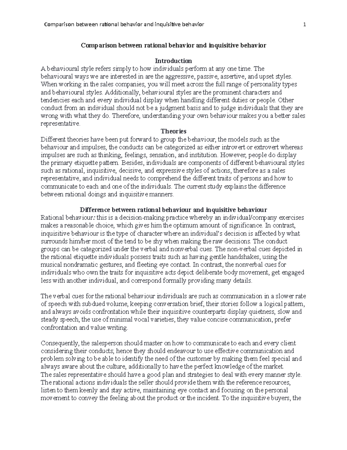 Comparison of Rational vs. Inquisitive Behavior in Sales (Course Code ...