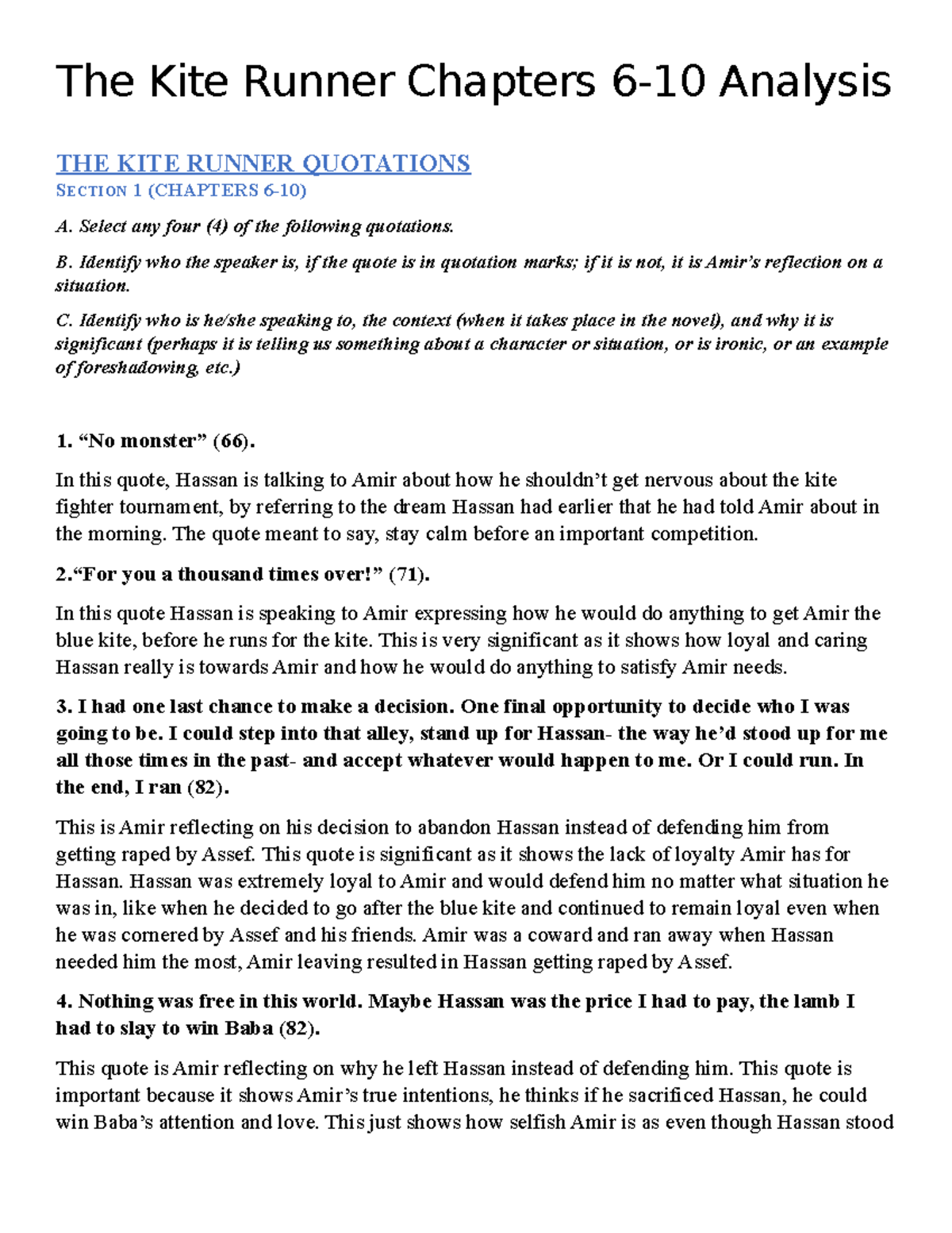 The Kite Runner Analysis: Chapters 6-10 Insights and Quotations - Studocu, image size:1200x1553