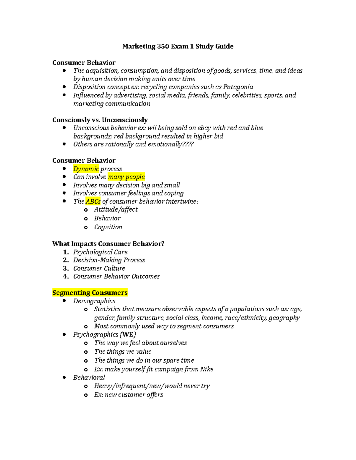 Marketing 350 Exam 1 Study Guide: Insights on Consumer Behavior - Studocu