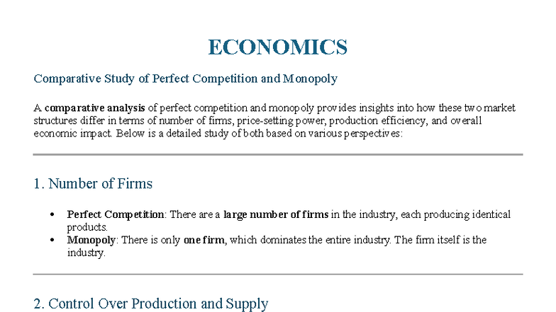 ECONOMICS SEM-2 Comparative Study of Perfect Competition vs Monopoly ...