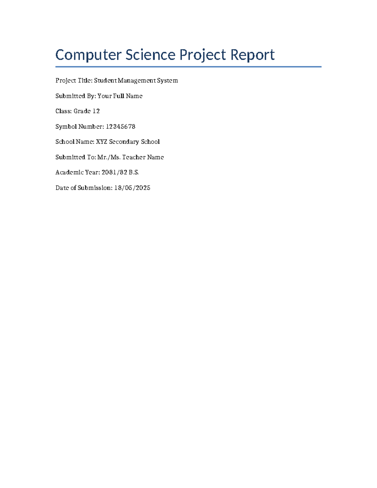 NEB Plus2 Computer Science Project Report: Student Management System ...