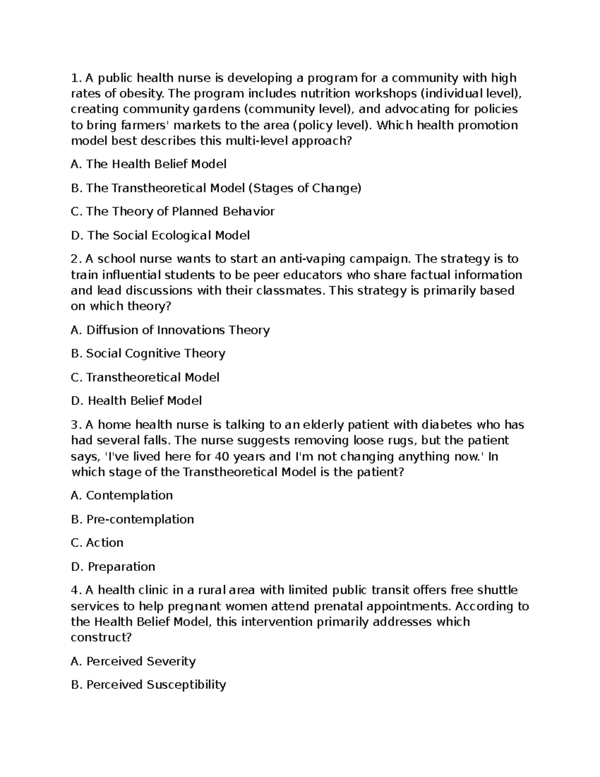 HE Case Study Questions on Health Promotion Models and Theories - Studocu