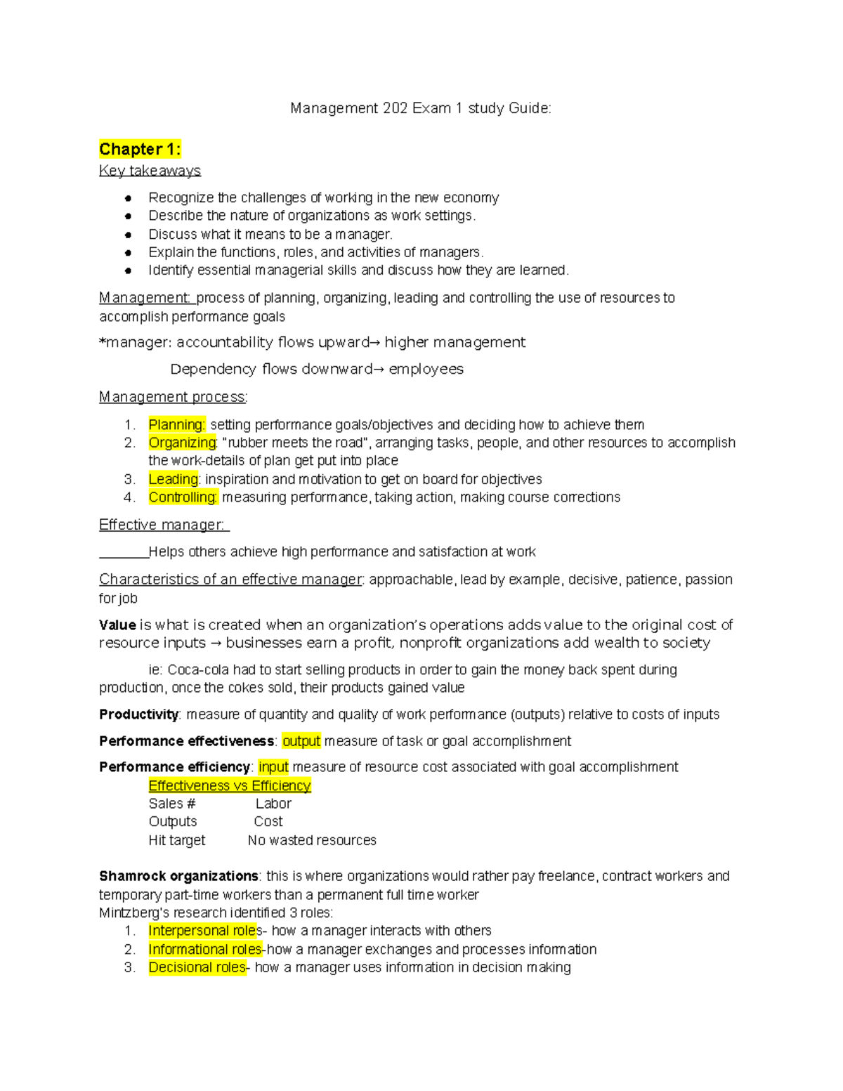 MGT 202 Exam 1 Study Guide: Key Concepts and Managerial Insights - Studocu