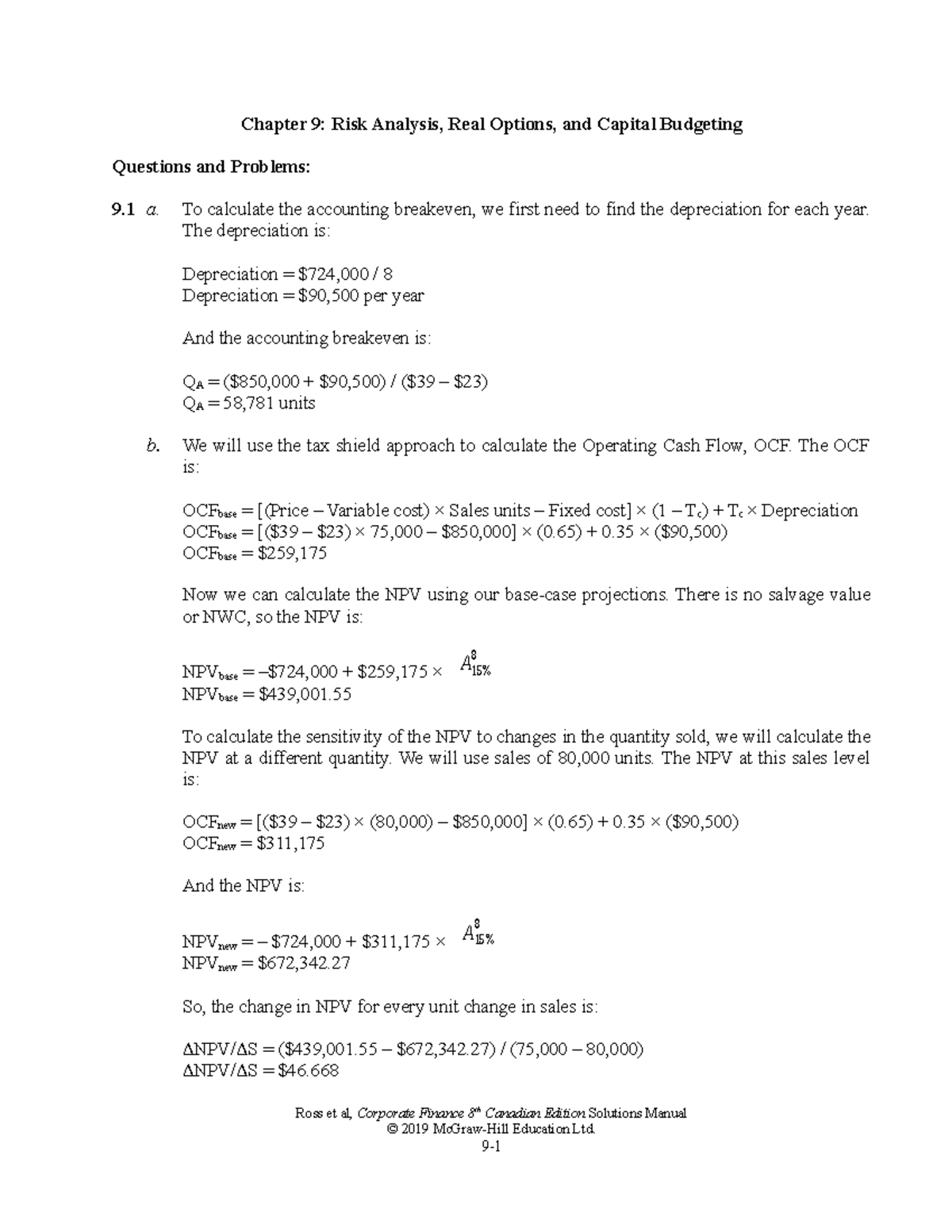 Ross CF 8ce SM Ch9 - Solutions & Analysis of Capital Budgeting Problems ...