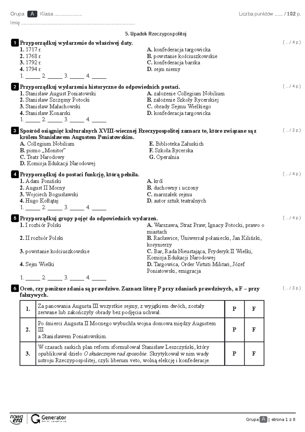 5. Test dotyczący Upadku Rzeczypospolitej z punktacją (Zaliczający) - Document Preview