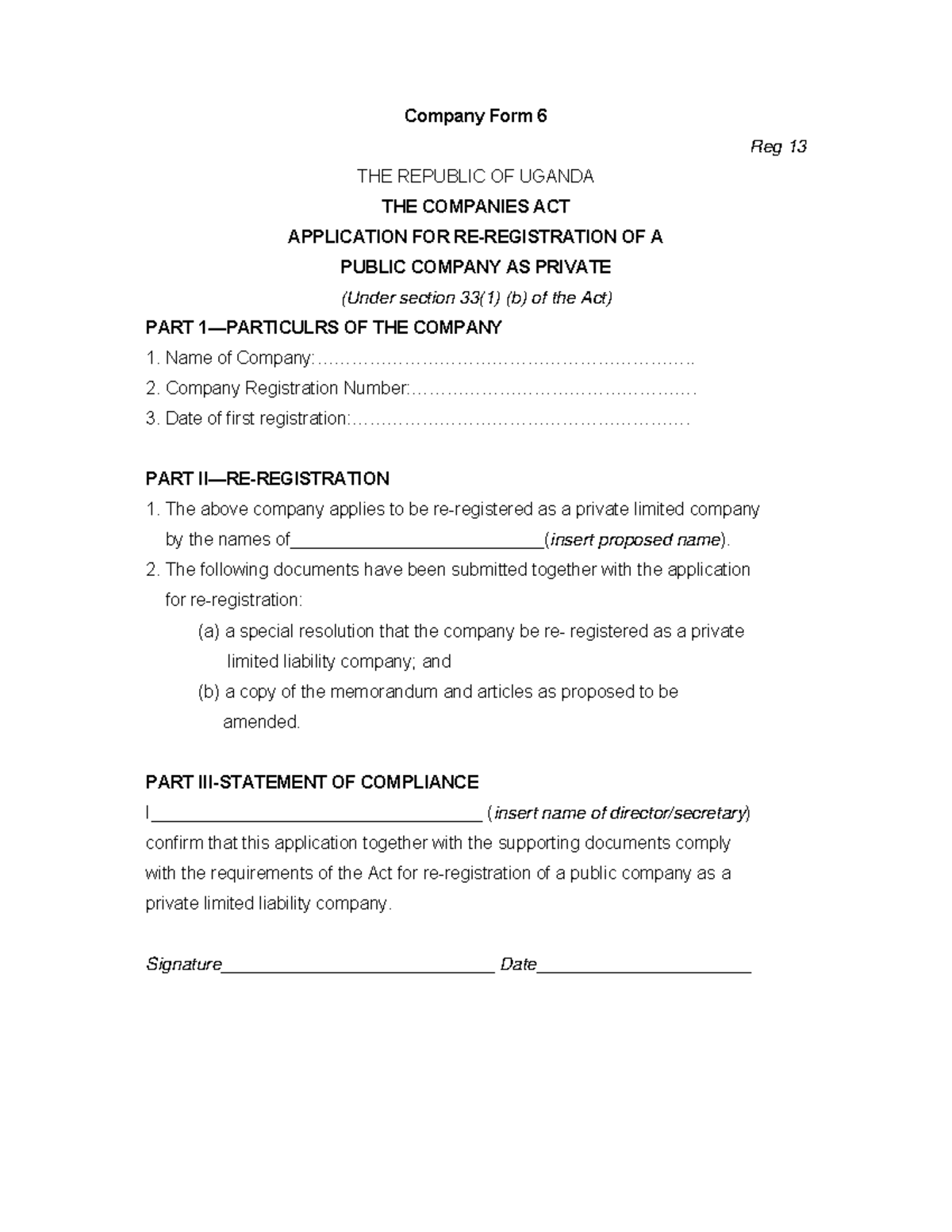 Application for re registration of a public company as private ...