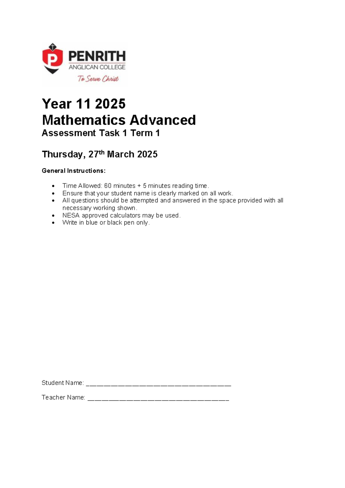 AT1 Year 11 Mathematics Advanced Assessment Task 1 - Term 1 2025 - Studocu