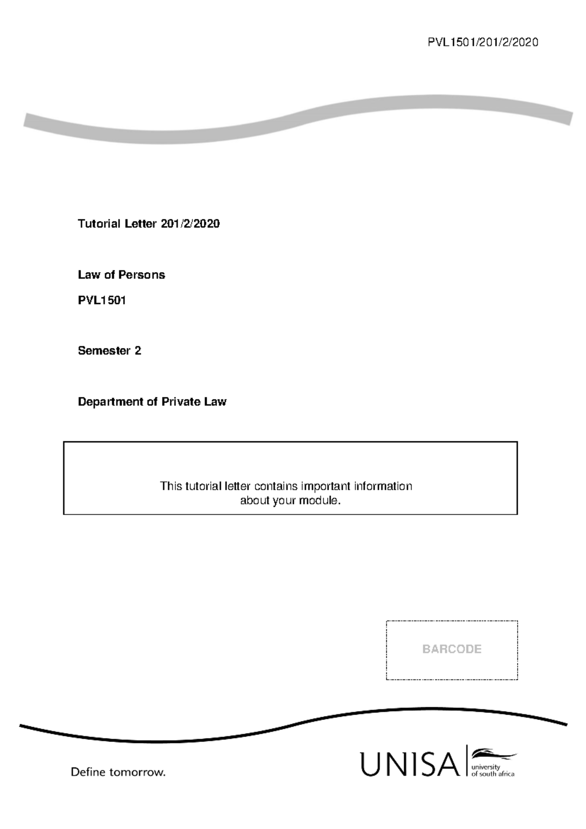 Tutorial Letter PVL1501/201/2/2020: Law of Persons Overview - Studocu