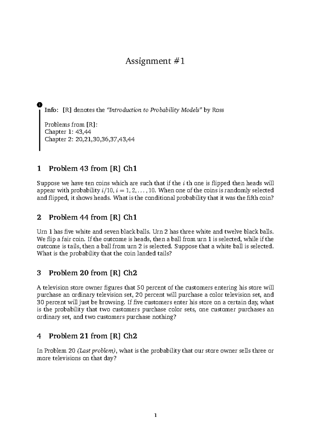 Assignment #1 Solutions: Probability Models (R) - Ch 1 & 2 Problems ...
