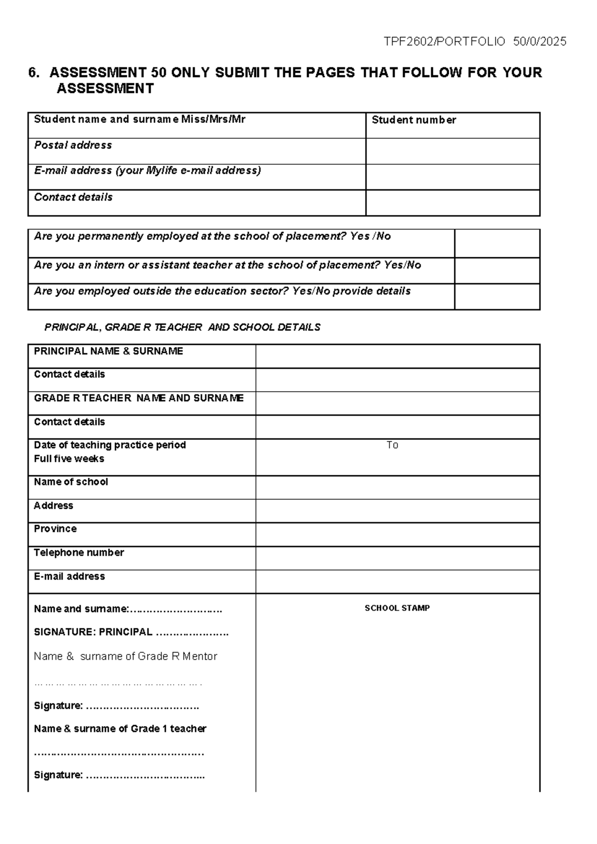 TPF2602 Assessment 50: Grade R Teaching Practice Portfolio 2025 - Studocu