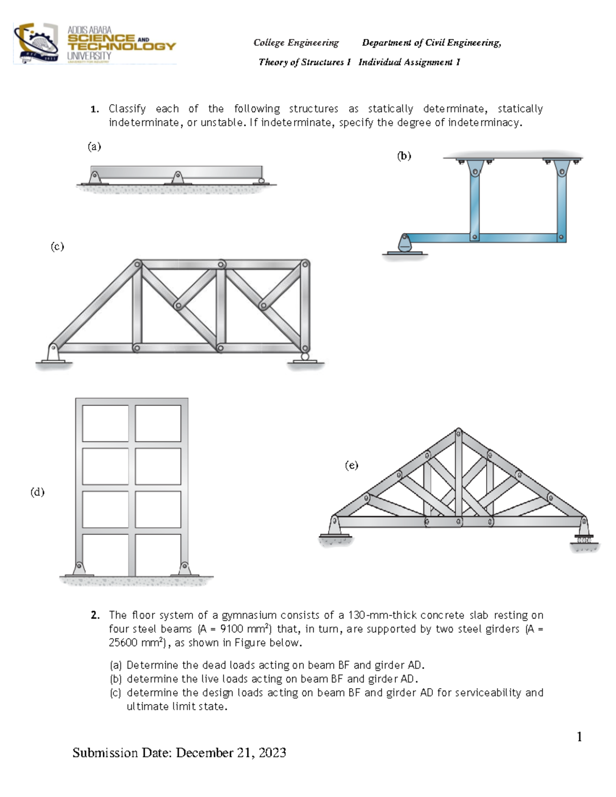 Theory of Structures I Assignment 1: Structural Classification & Loads ...