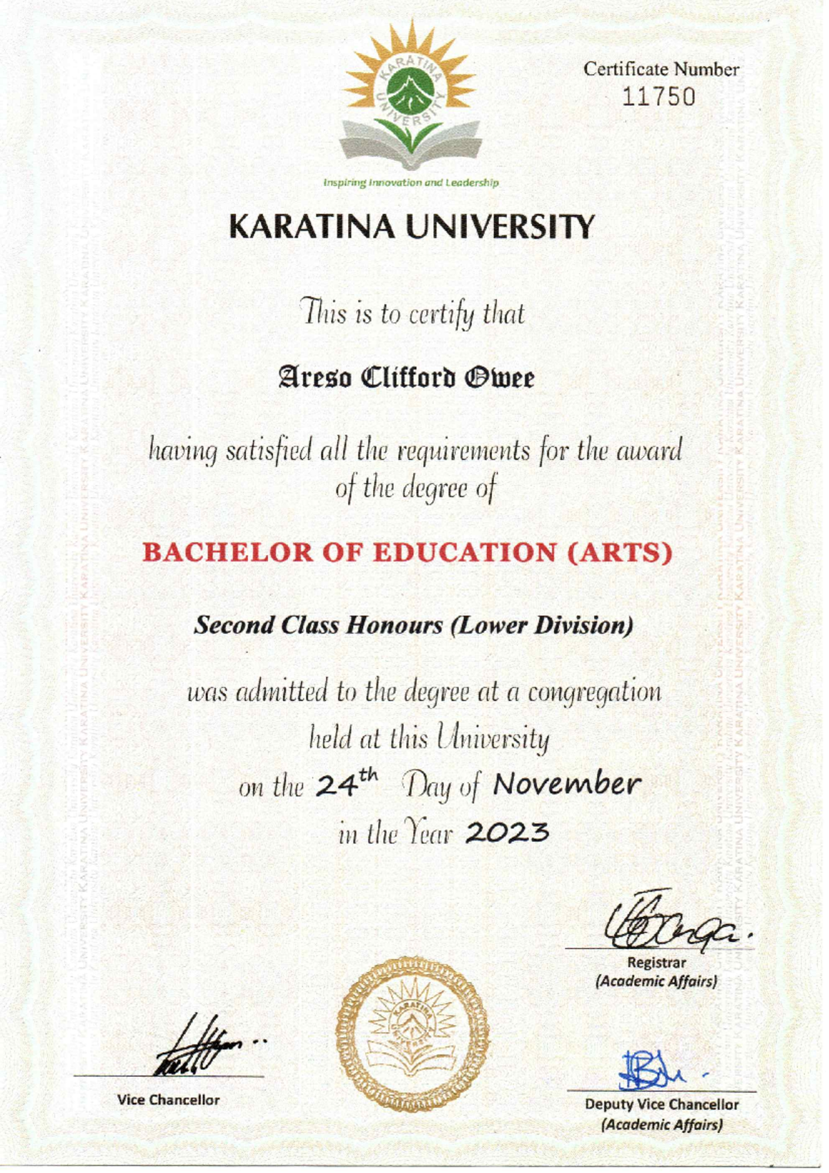 KARATINA UNIVERSITY Certificate: B.Ed (Arts) 2nd Class Honours (Lower) - Document Preview