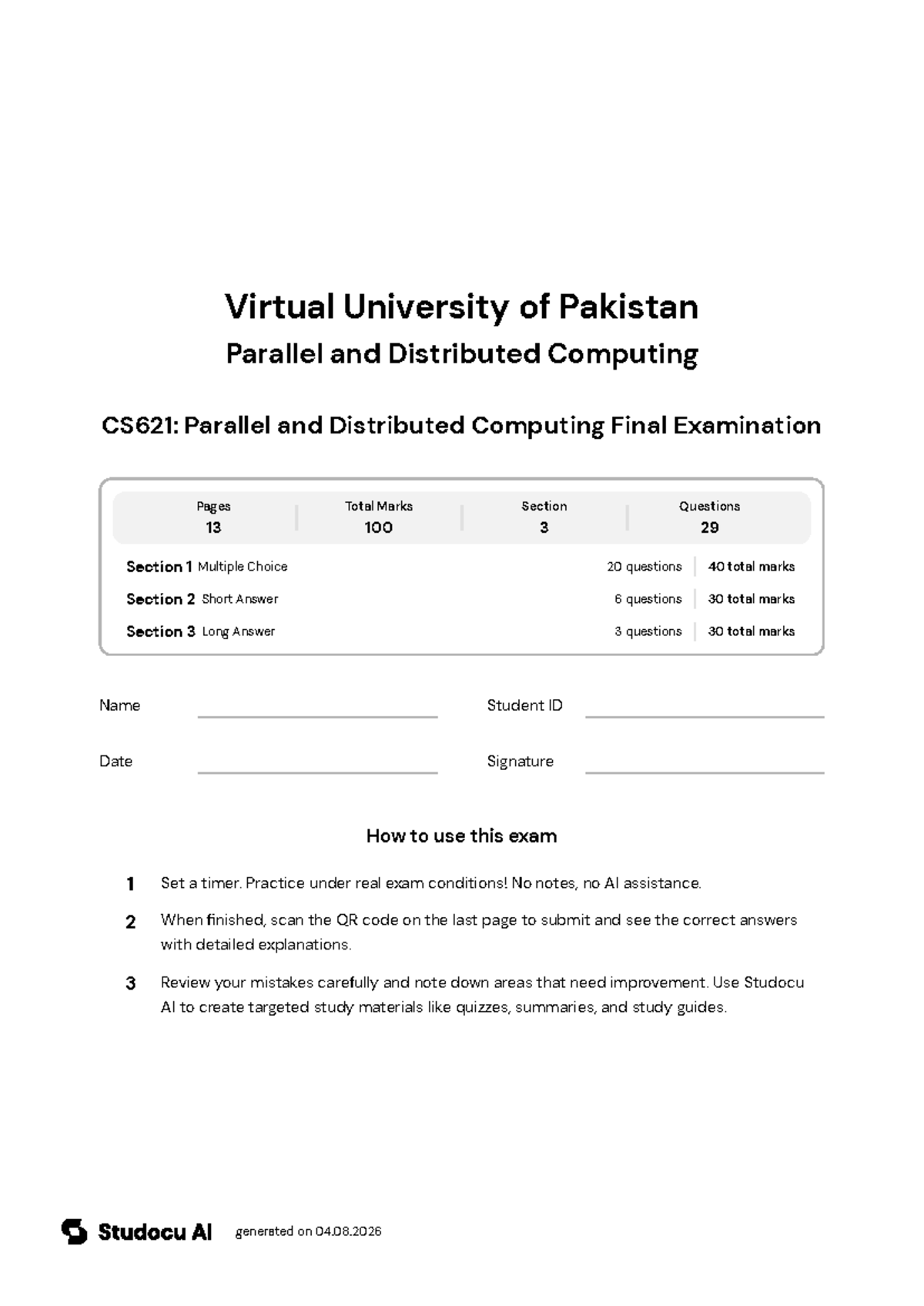 CS621: Parallel and Distributed Computing Final Exam - Studocu
