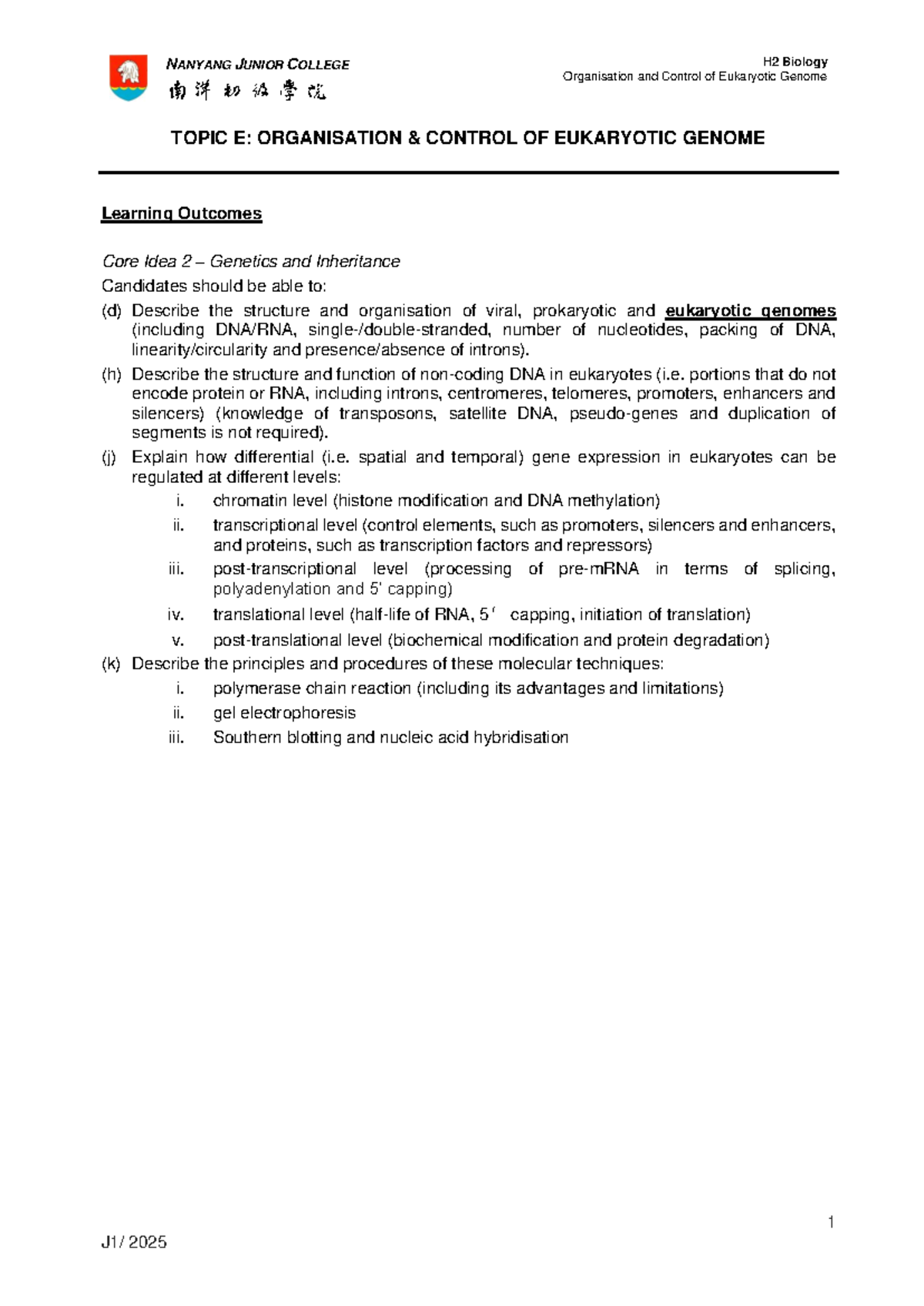 NANYANG JUNIOR COLLEGE H2 Biology: Organisation & Control of Eukaryotic ...