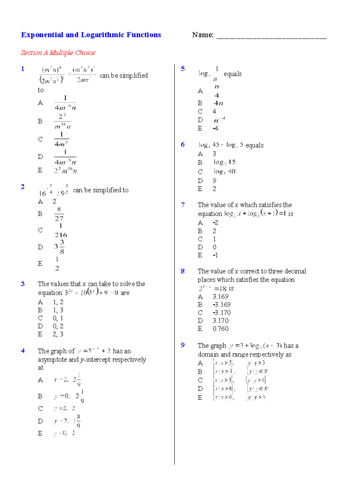 11 MM Exp Logs Practice Test: Multiple Choice Questions - Studocu