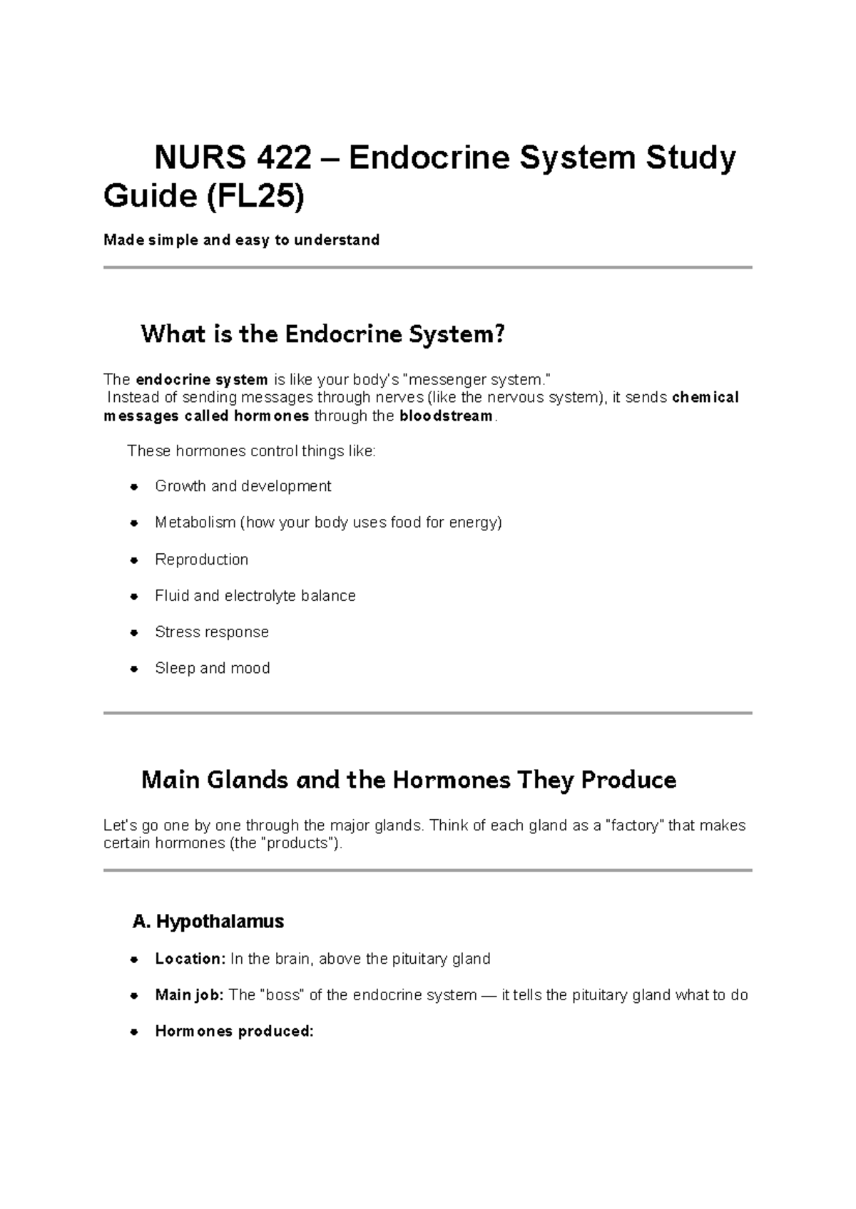 NURS 422 Endocrine System Study Guide (FL25) Simplified Overview - Studocu