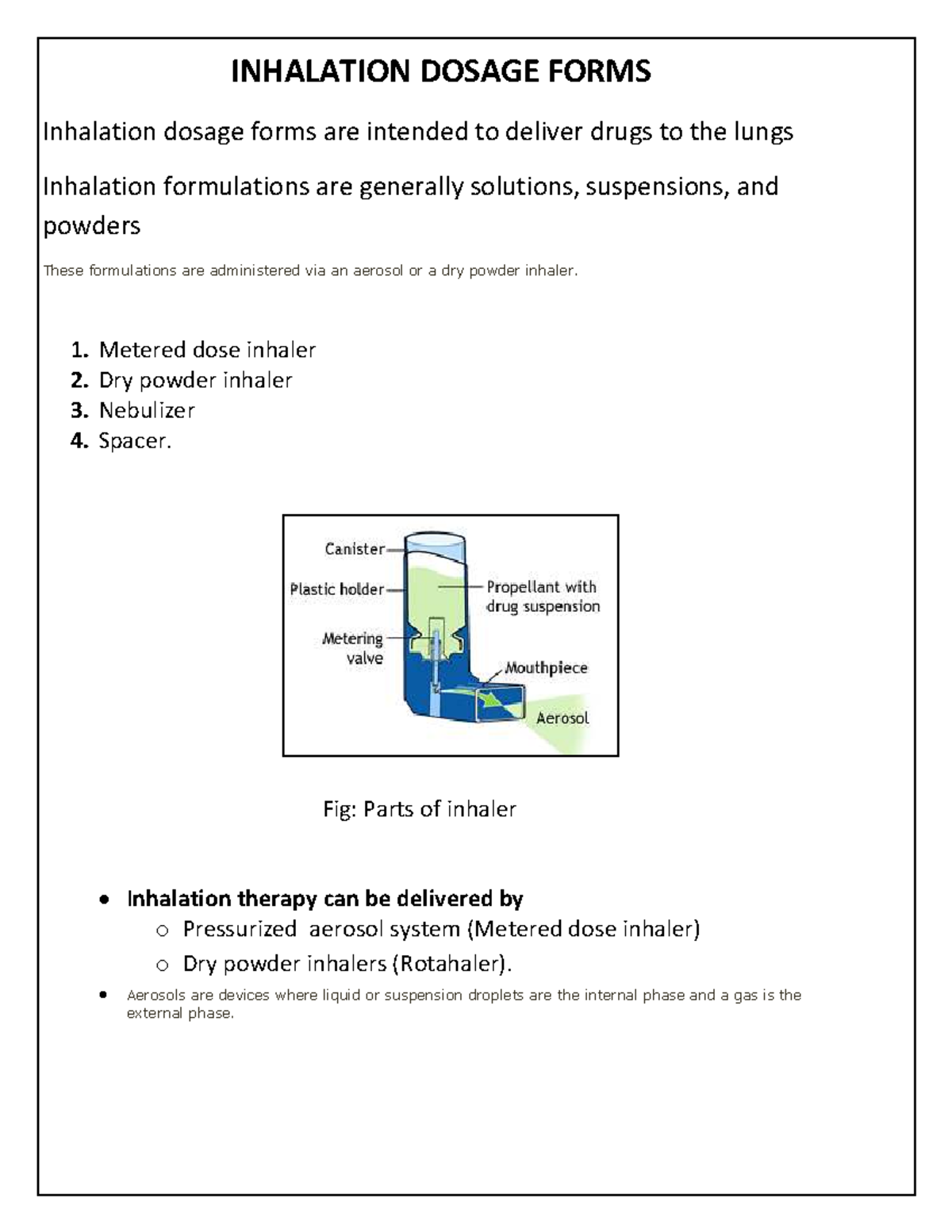 Inhalational & Parenteral Dosage Forms: Overview and Applications - Studocu
