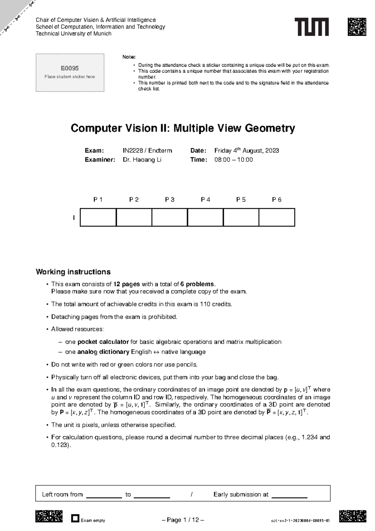 Computer Vision II Exam IN2228 - Endterm August 4, 2023 - Studocu