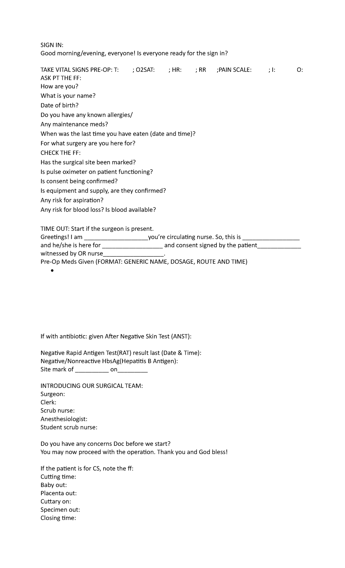 Circulating Nurse Script for Surgical Sign-In Process - Studocu