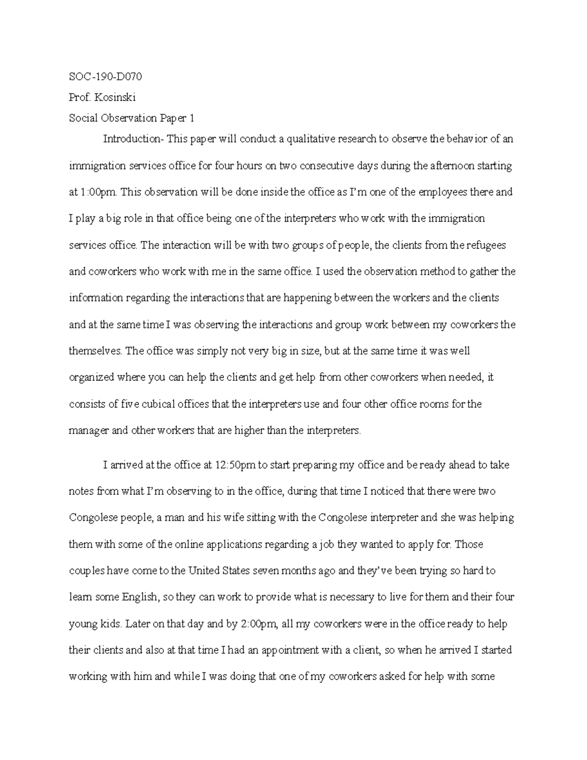 SOC-190-D Social Observation Paper 1: Insights from Immigration ...