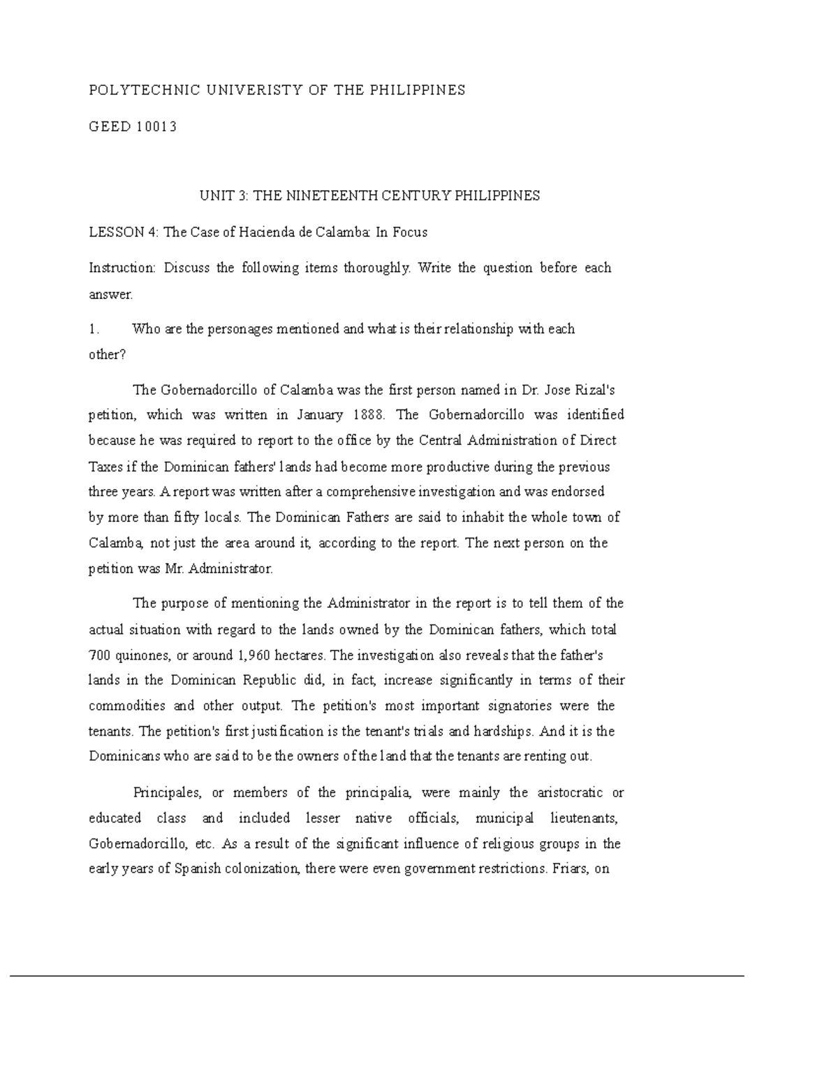 PUP GEED 10013 Unit 3: Hacienda de Calamba Case Study Analysis - Studocu