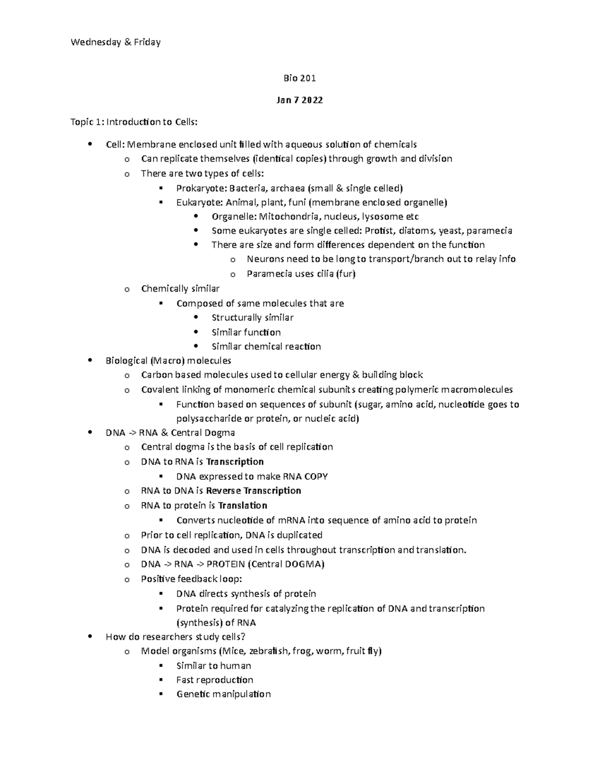 Bio 201 Lecture Notes: Understanding Cell Structure and Function - Studocu