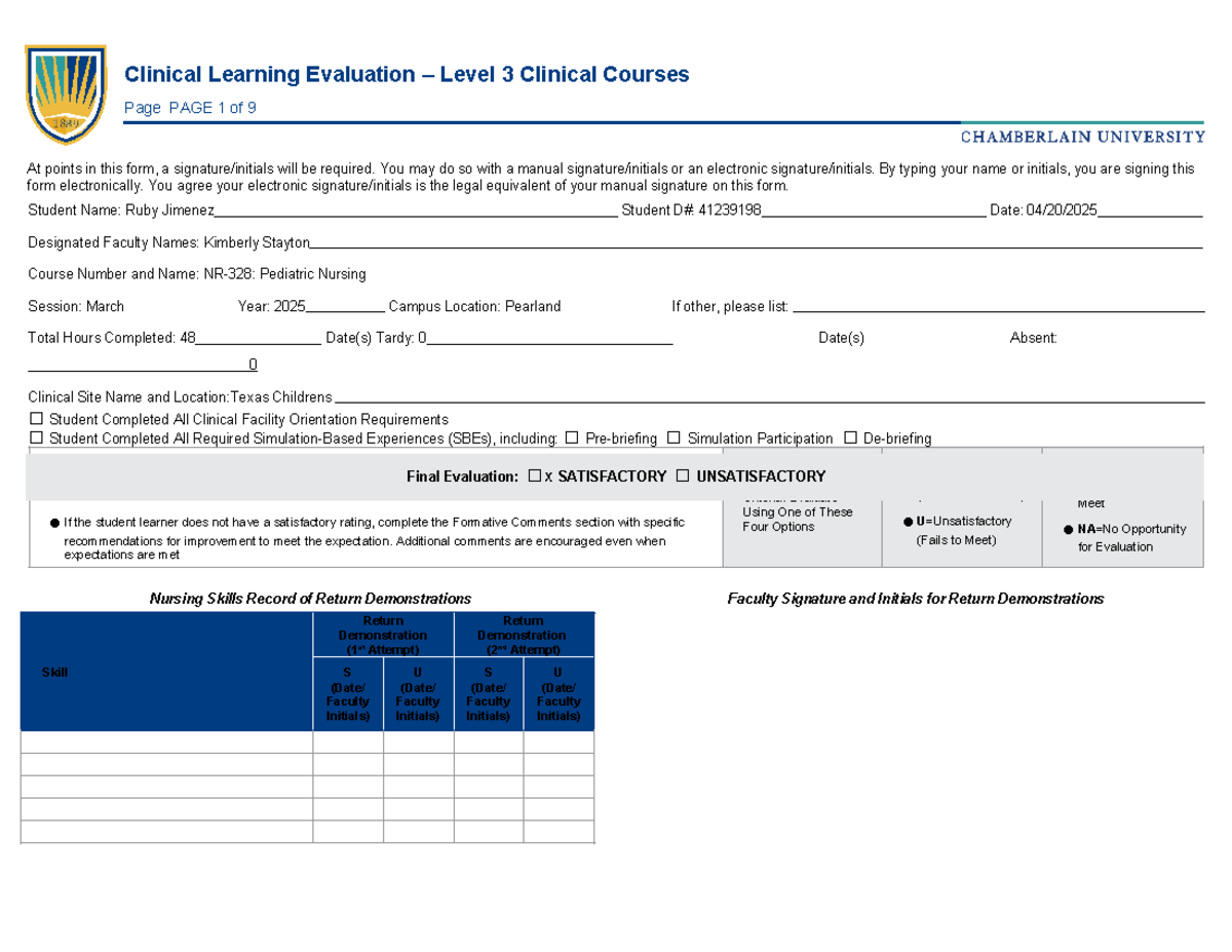Final Evaluation for Clinical Learning Level 3 - Pediatric Nursing (NUR ...