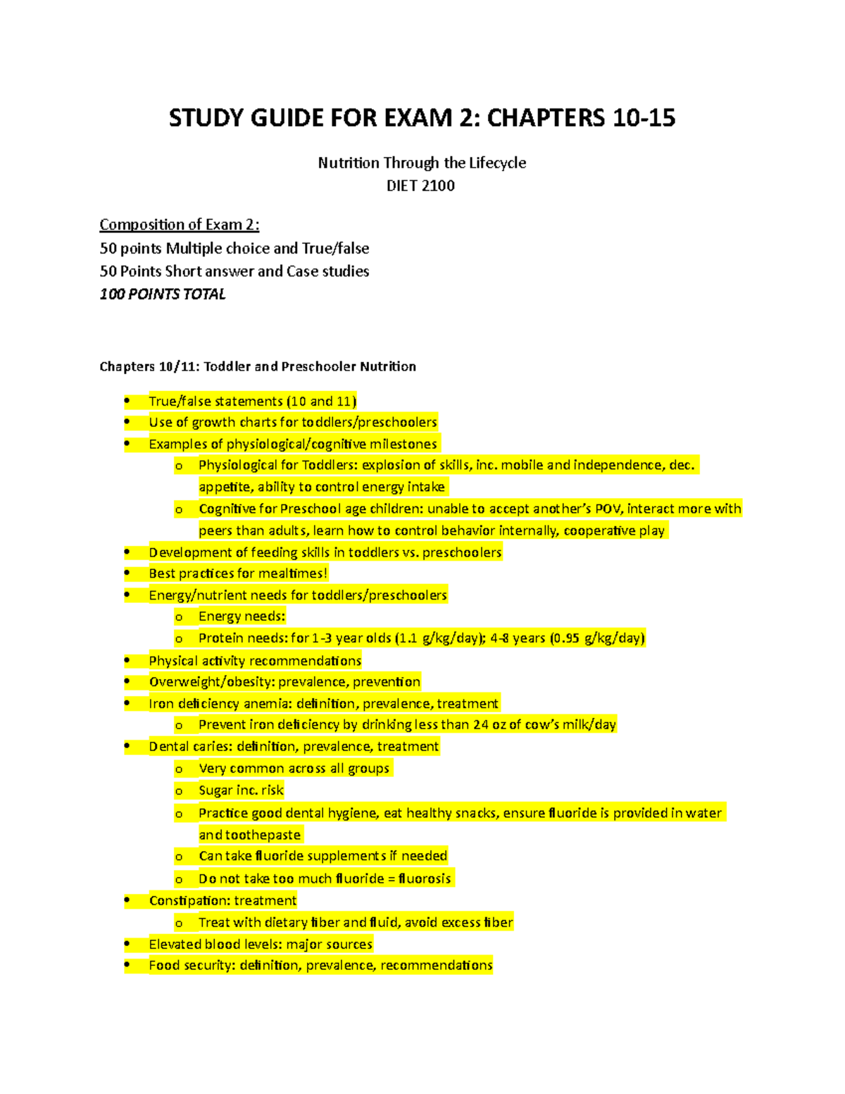 DIET 2100 Exam 2 Study Guide: Nutrition Throughout the Lifecycle - Studocu