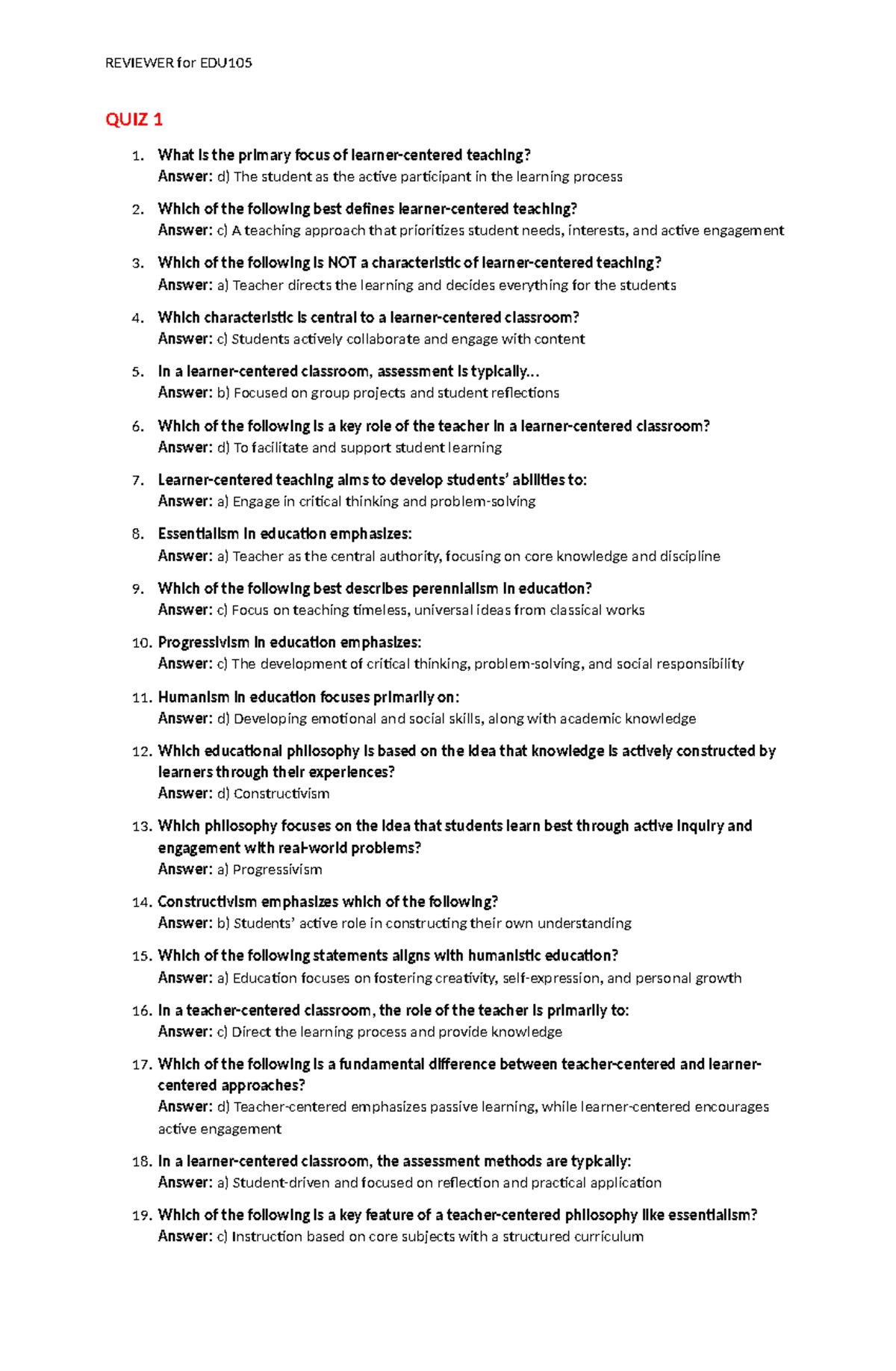 REVIEWER for EDU105: Key Concepts and Strategies for Effective Teaching ...
