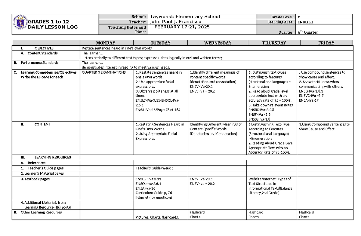 Grade 5 DLL English 5 Q4 Week 1: Daily Lesson Log and Objectives - Studocu